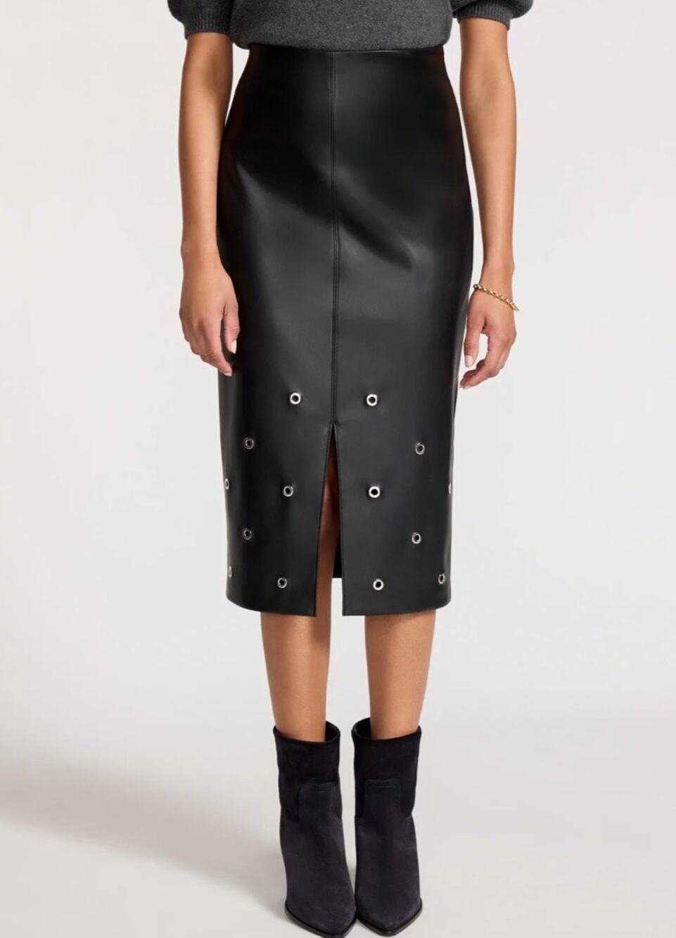 Brochu Walker Rai Vegan Faux Leather Onyx Studded Black Midi Skirt XS Edgy